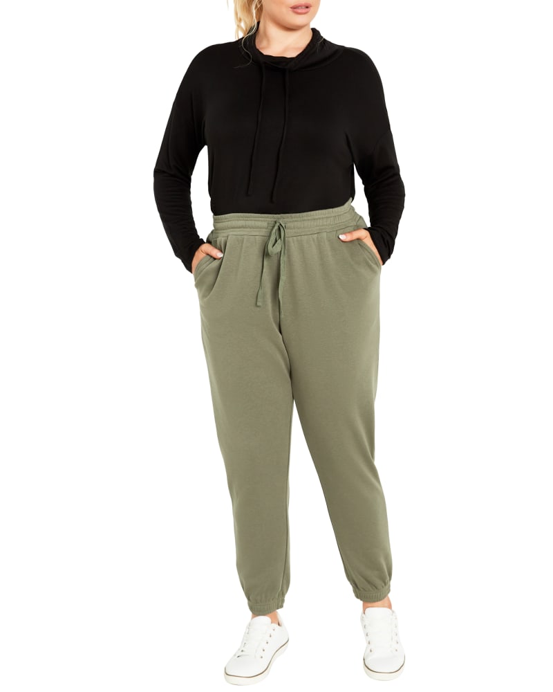 Front of a model wearing a size 20 SWEAT PANT ALEXA in Olive Green by Aveleisure. | dia_product_style_image_id:322810